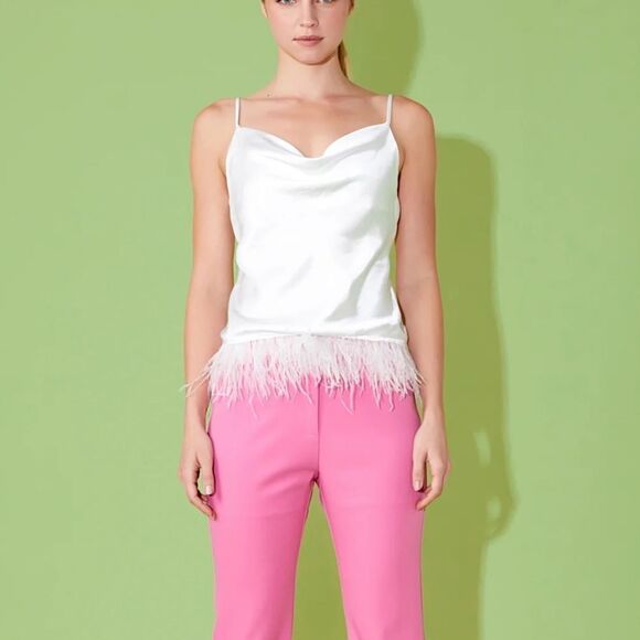 ENDLESS ROSE SATIN COWL NECK TOP WITH FEATHER WHITE S NWT in packaging - Picture 2 of 9
